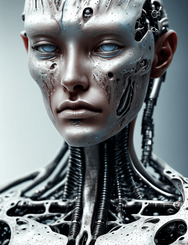 AI generated: Half cyborg, front view, natural skin, melting into the patinated background, brilliant modern abstr...