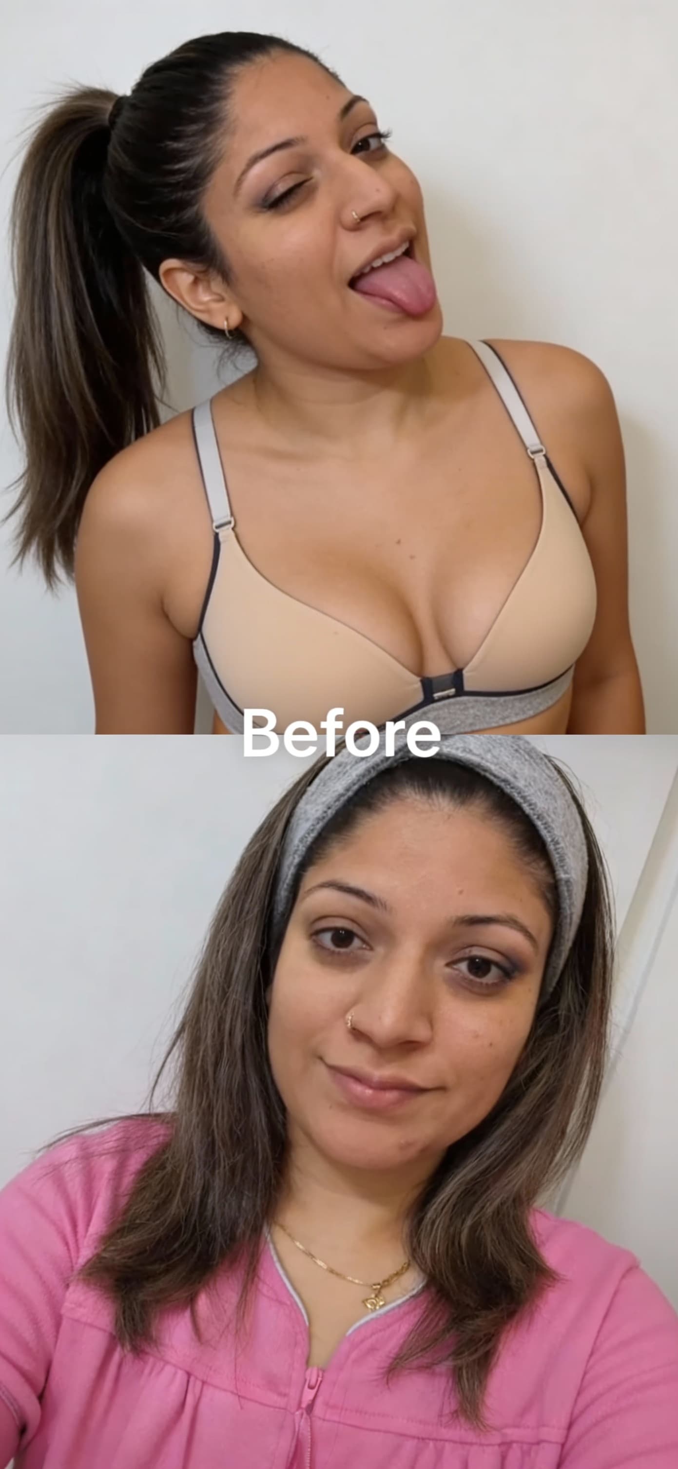 AI generated: Do a photo collage of 2 pics, where in one im wearing some home bra pair, ponytail hairstyle, where ...