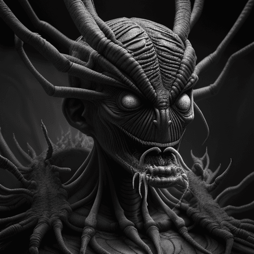 AI generated: human spider head, mutant creature with huan head and spider legs from his mouth, bizarre, by gustav...