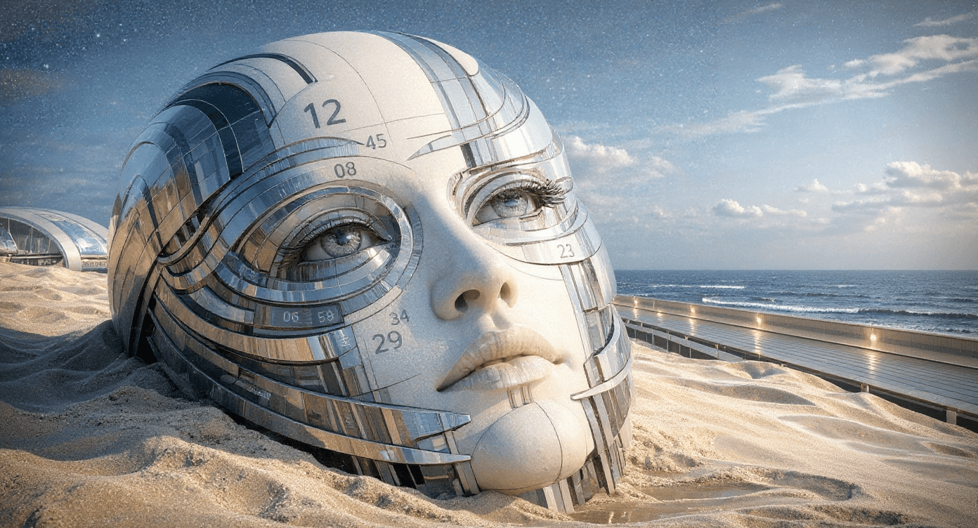 AI generated: In a surreal, futuristic landscape, a giant white androgynous face has hyper-realistic, layered text...