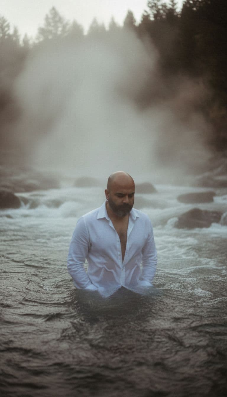 AI generated: hot spring in  a wild river flow, steam rises from the water, A handsome, stylish young man with. He...