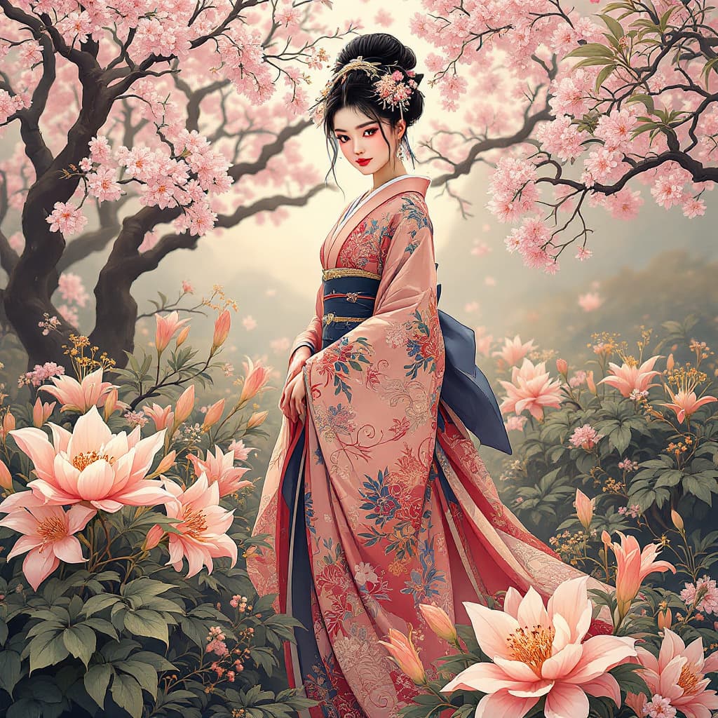 AI generated: 

prompt: A beautiful Japanese lady, graceful like a peony when standing, elegant like a tree peony ...
