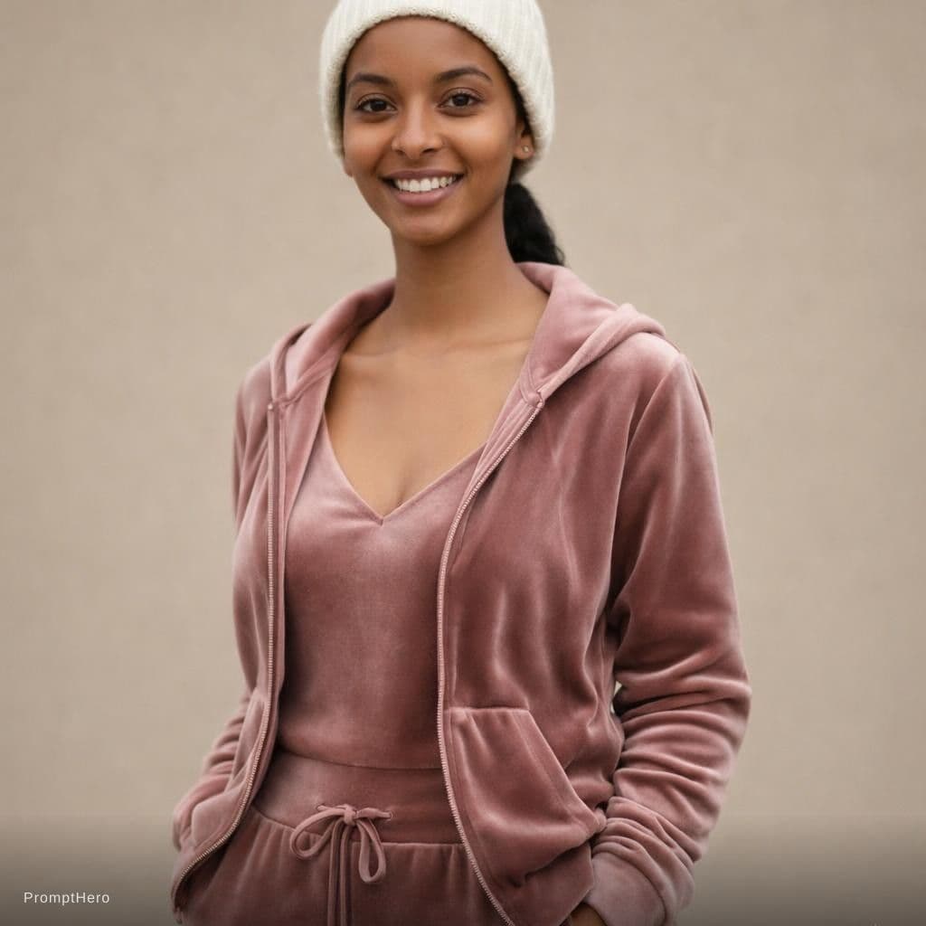 AI generated: Velvet Tracksuit, open-front,, hint of cleavage.