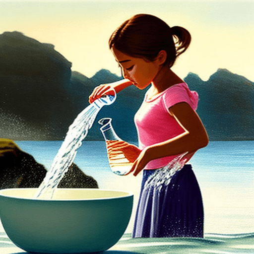 AI generated: a girl pouring water from a bowl into the sea