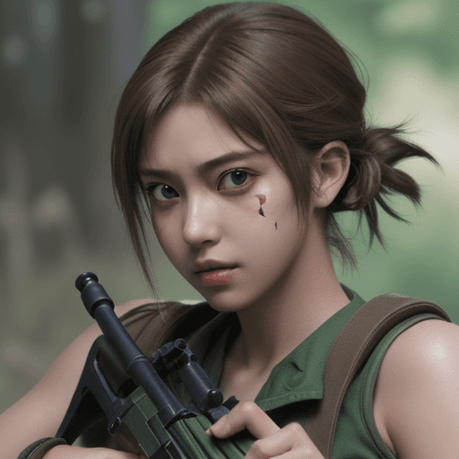 AI generated: a girl holding a gun in her hand, in the style of anime art, light brown and green, strong facial ex...