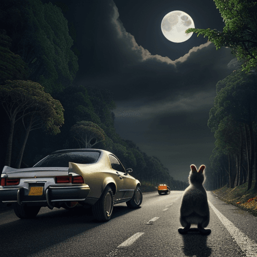 AI generated: cars driving on road, mushrooms, marijuana, trees, moonlight, slightly cloudy, monkeys, colorful bir...