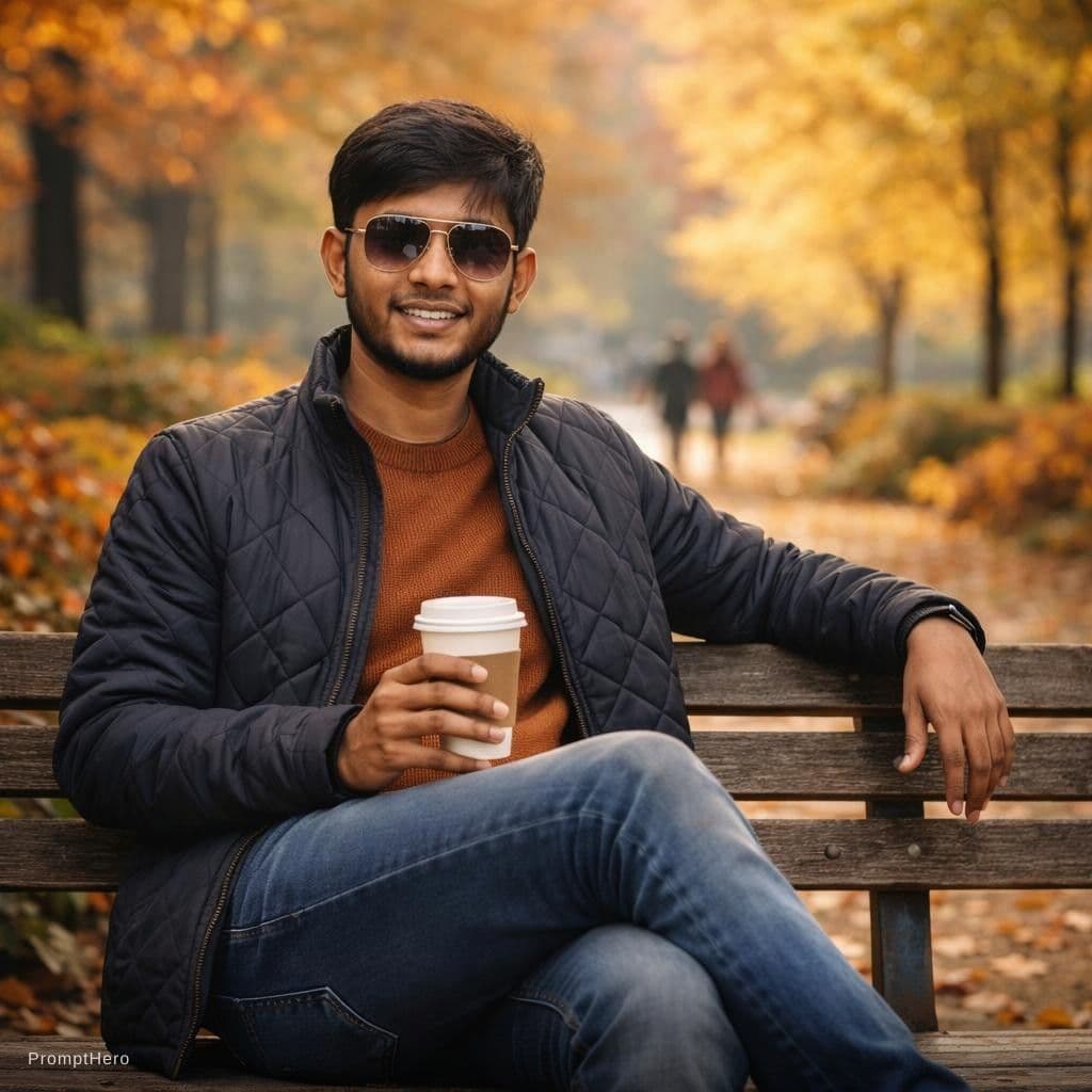 AI generated: A realistic professional photograph of a man sitting on a wooden park bench in a beautiful autumn pa...