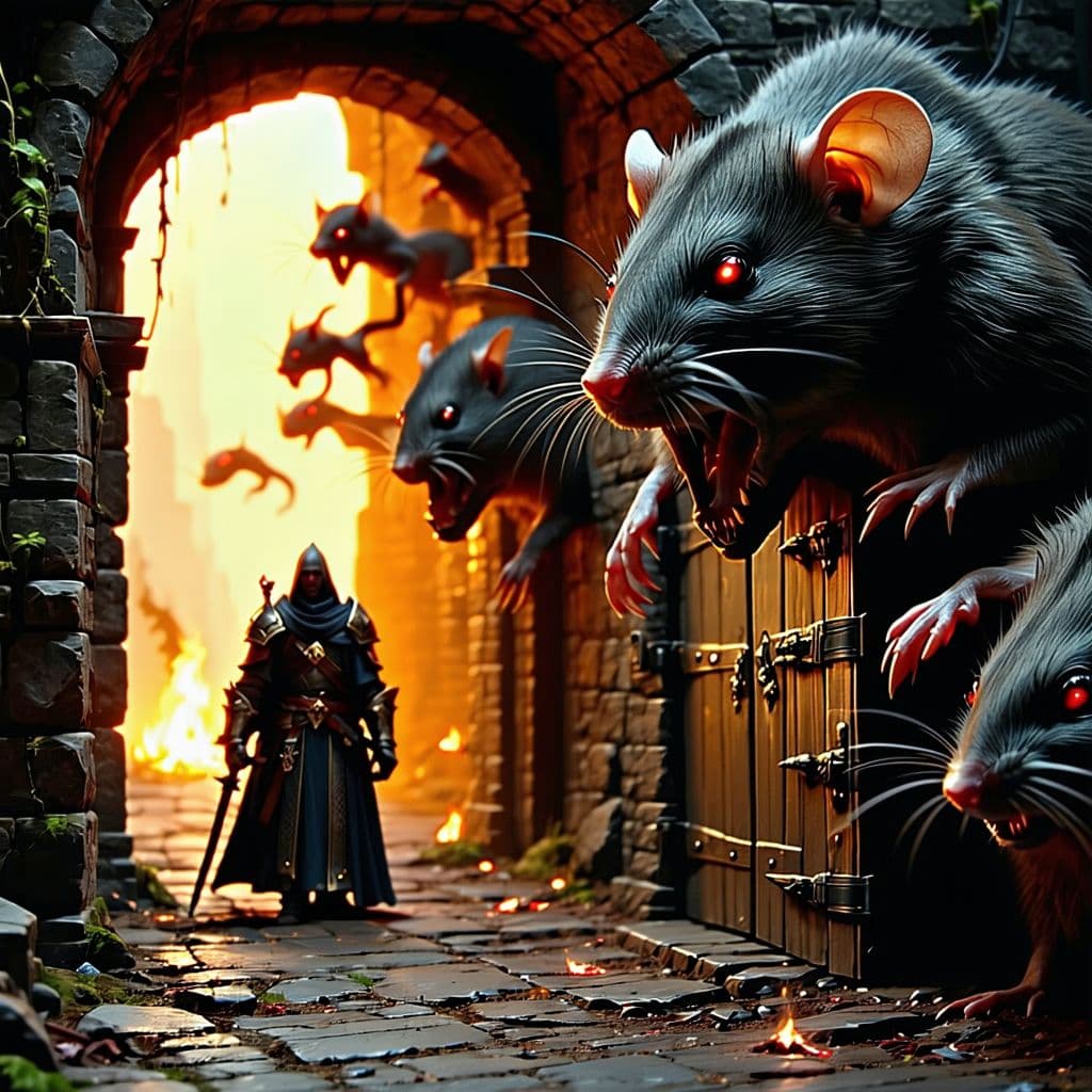 AI generated: a warrior, priest, and thief in a torch lit corridor, attacked by giant rats with red eyes that are ...