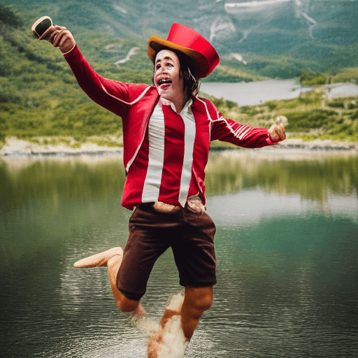 AI generated: drunk four legged Juggler without beard in shorts and jacket with dark green and scarlet red stripes...