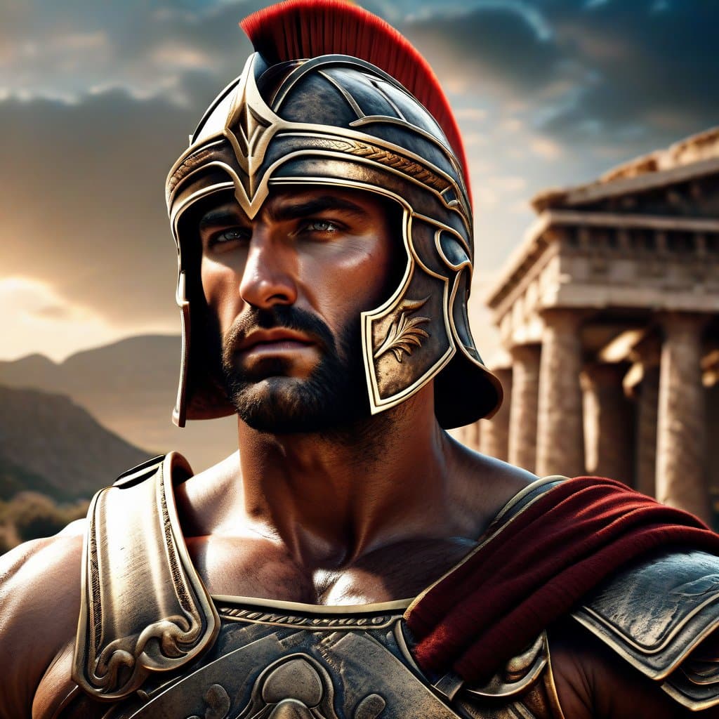 AI generated: A poster of an ancient Greek soldier, muscular, warrior, tan bronze skin, gold and bronze war helmet...