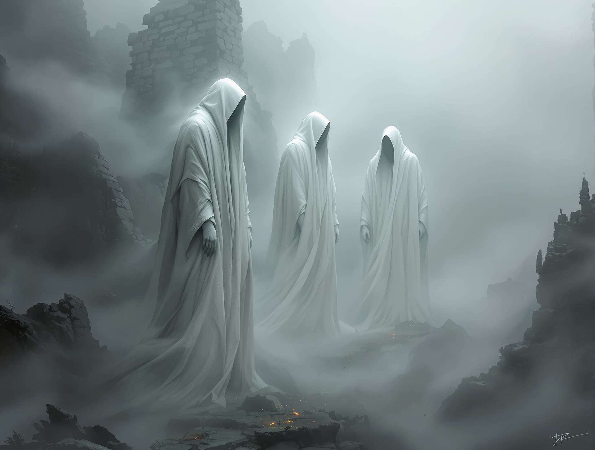 AI generated: dark gothic art, veiled guardians, mysterious robed figures stand vigil in foggy realm, silent watch...