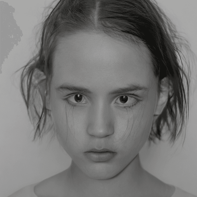 AI generated: Raw photo, A girl. Thin lips. Grimace face. Highly detailed face. White background. White tshirt. Br...