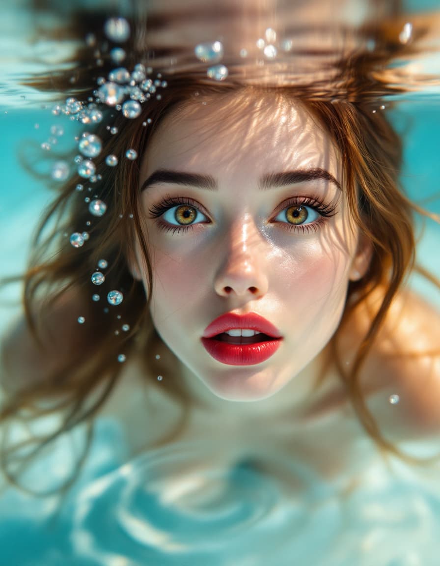 AI generated: Hyperrealistic underwater photography, circular composition. A woman is bending over water, her face...