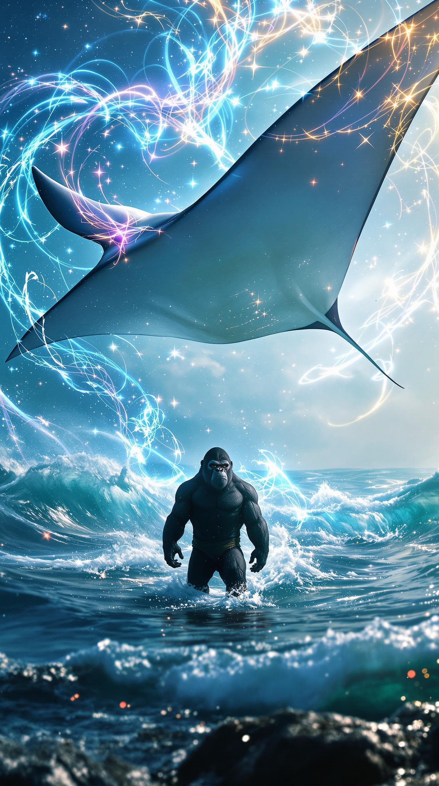 AI generated: An ultrawide, hyper-detailed movie still of a full-body manta ray gliding gracefully through the sea...