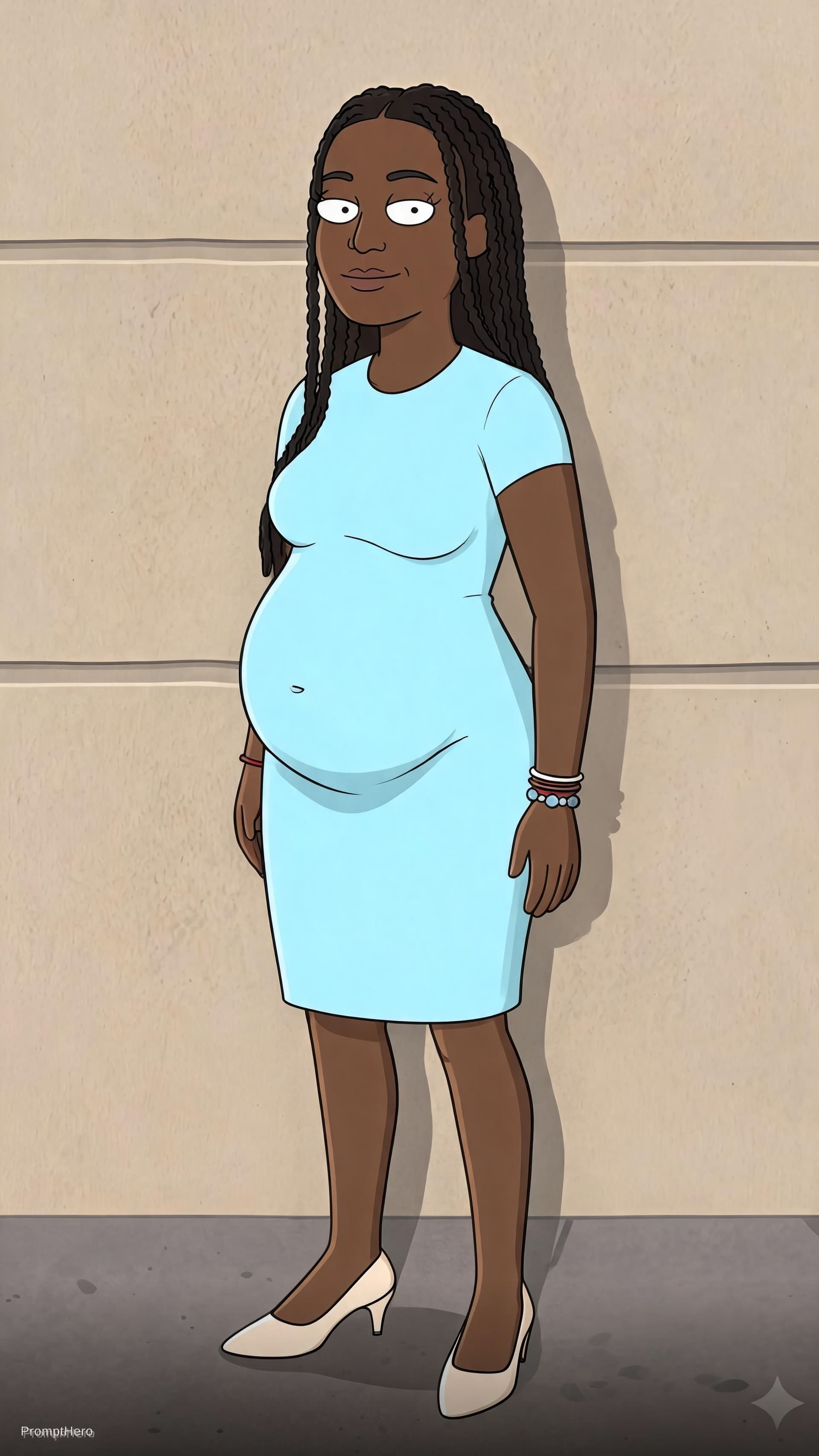 AI generated: with a dress that covers the belly but shape same.  light blue dress and low heels 