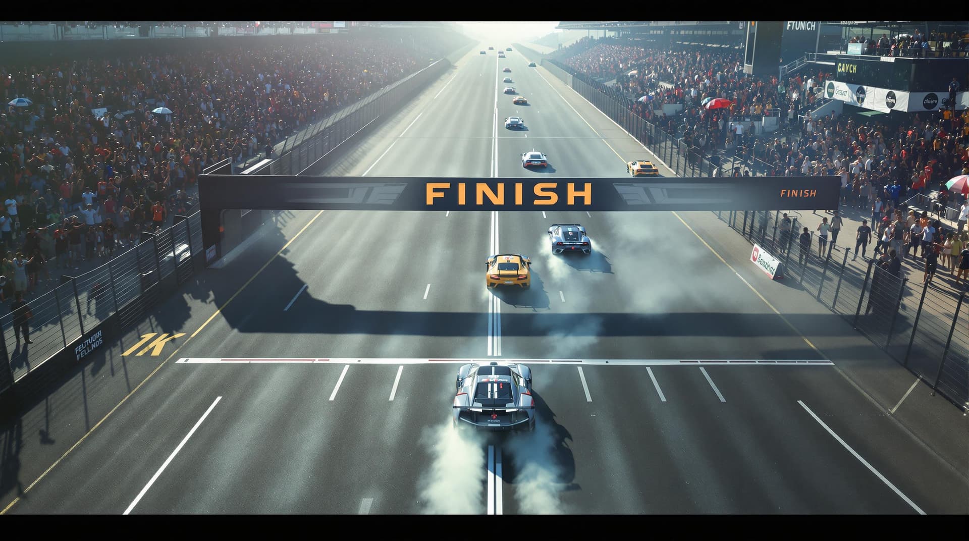 AI generated: The wide track is well lit by the sun.  Tension is increasing. A FINISH banner over the wide race co...