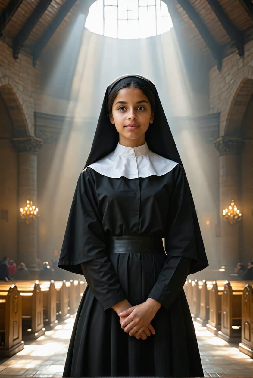 AI generated: Hyper realistic full body view of beautiful 14yo nun, indigen Face, long legs, Long Black Hair, very...