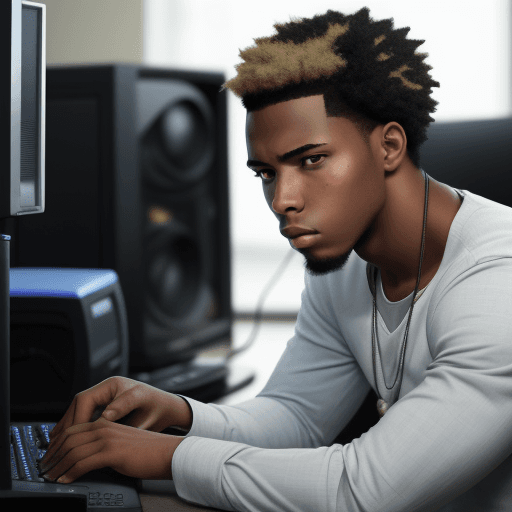 AI generated: a young handsome african american man . Looking sad, fixed at this computer coding while his friends...
