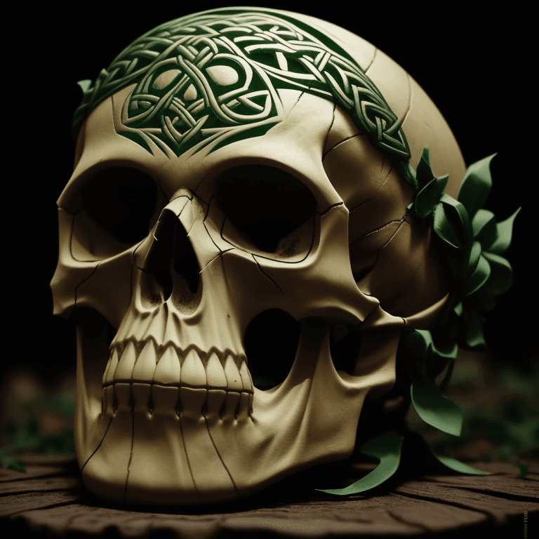 AI generated: Celtic carved skull photographic cinematic