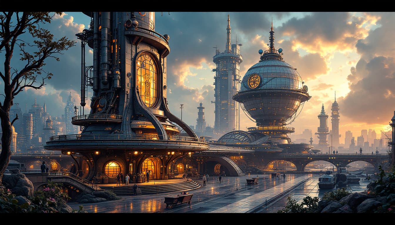 AI generated: A retro-futuristic  Steampunk Architecture "Airport", Poster art, HDR, retro futuristic  circa early...
