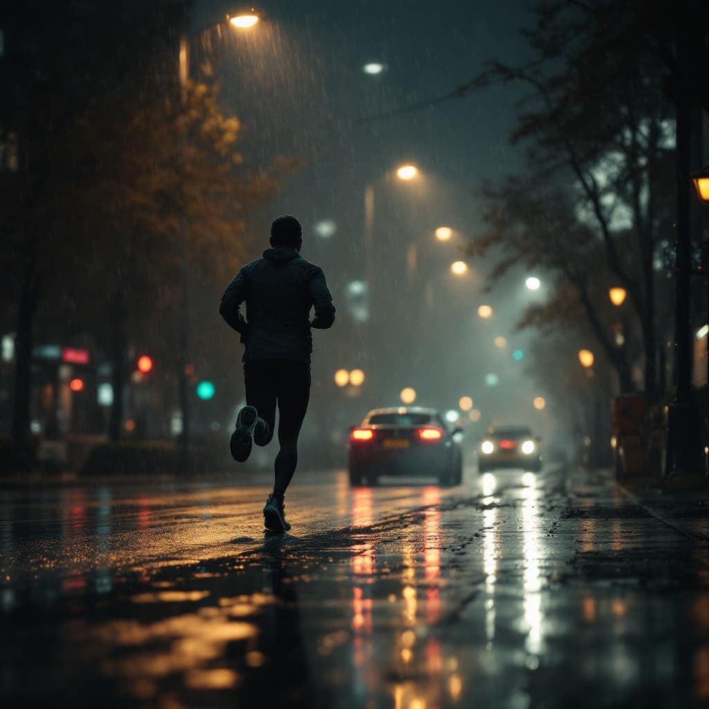 AI generated: Early morning runner training alone in the rain while the world sleeps, street lights casting reflec...