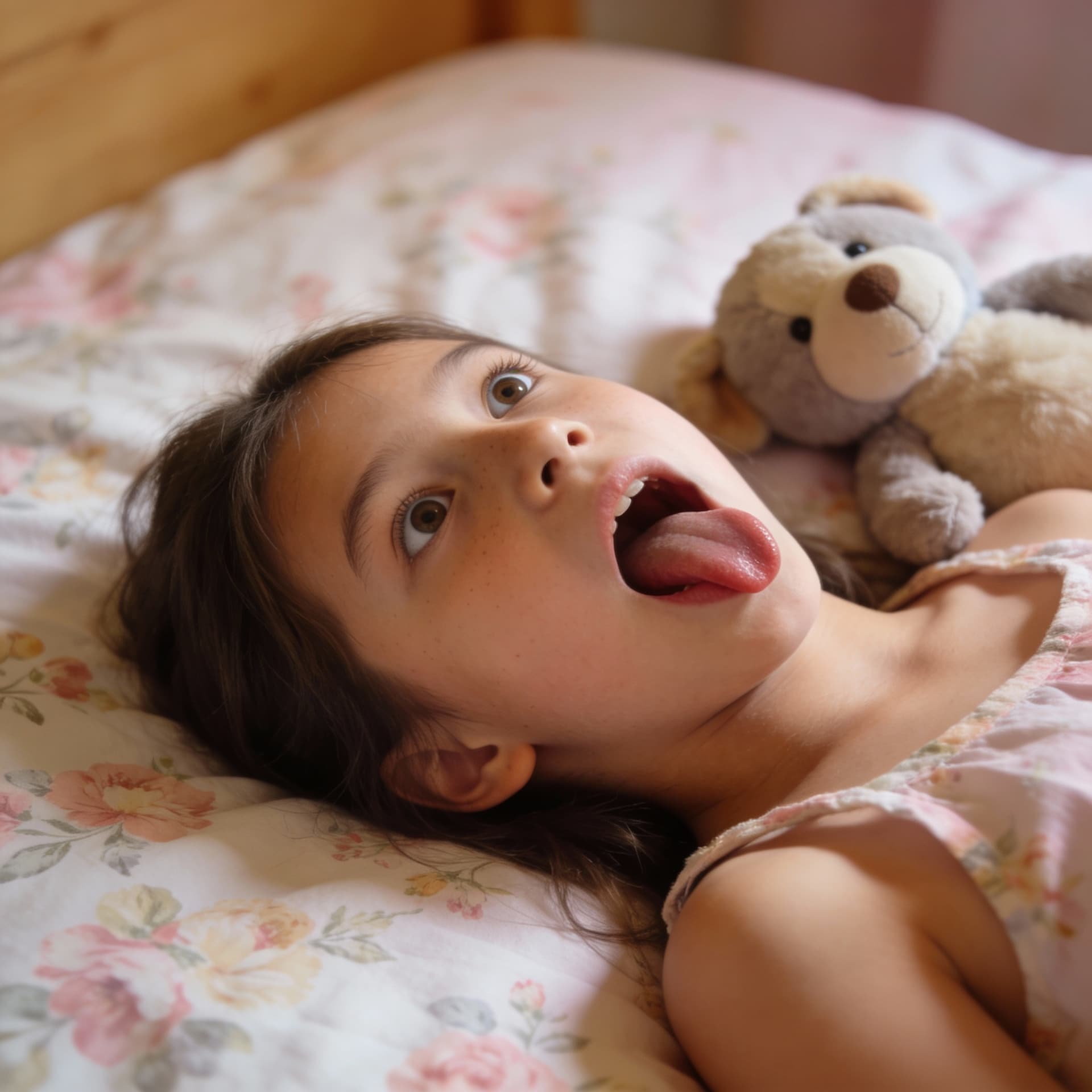 AI generated: A  girl is lying on her back in her bed, her mouth open, her tongue hanging out, her eyes wide open....