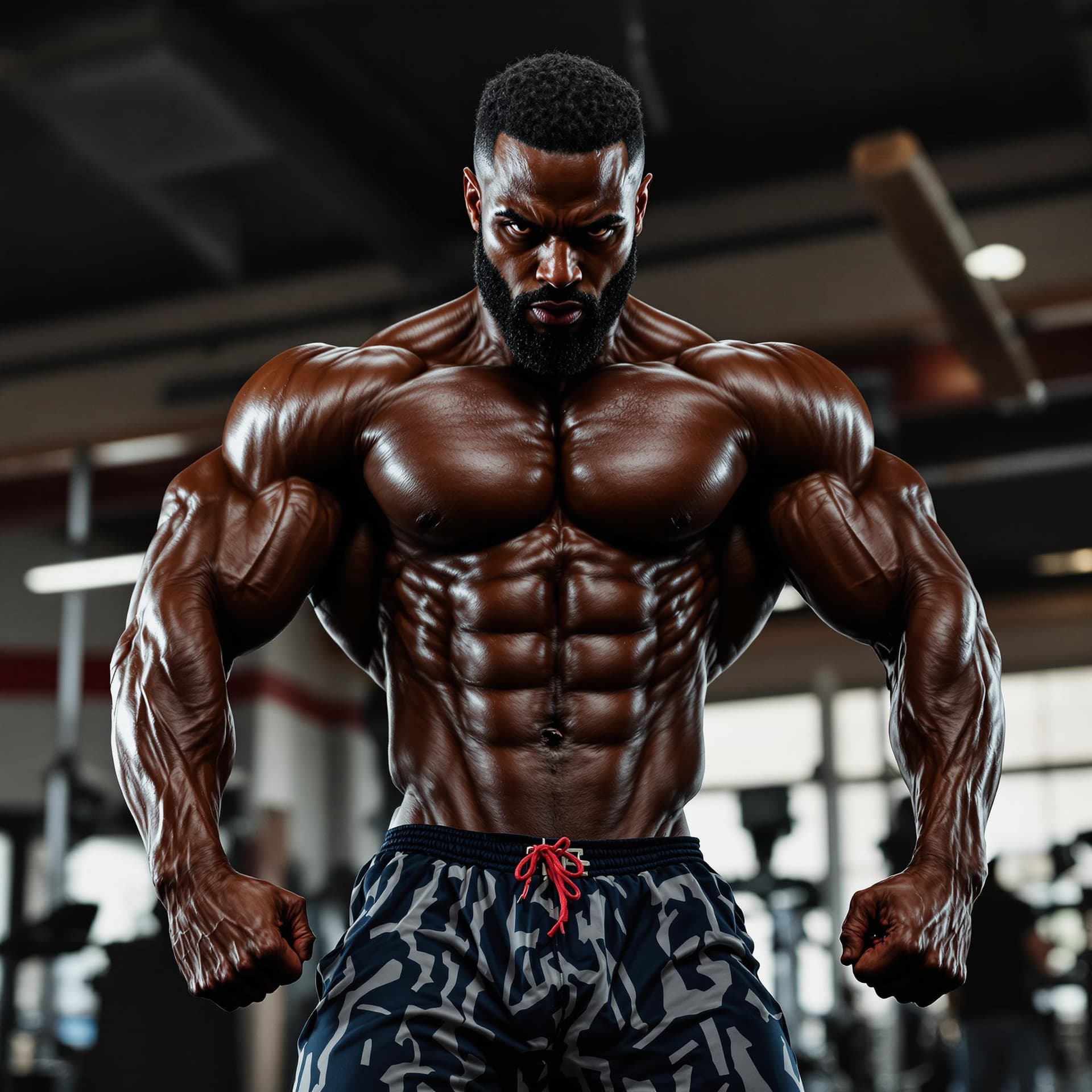 AI generated: a black bodybuilder in gym shorts giving a power pose