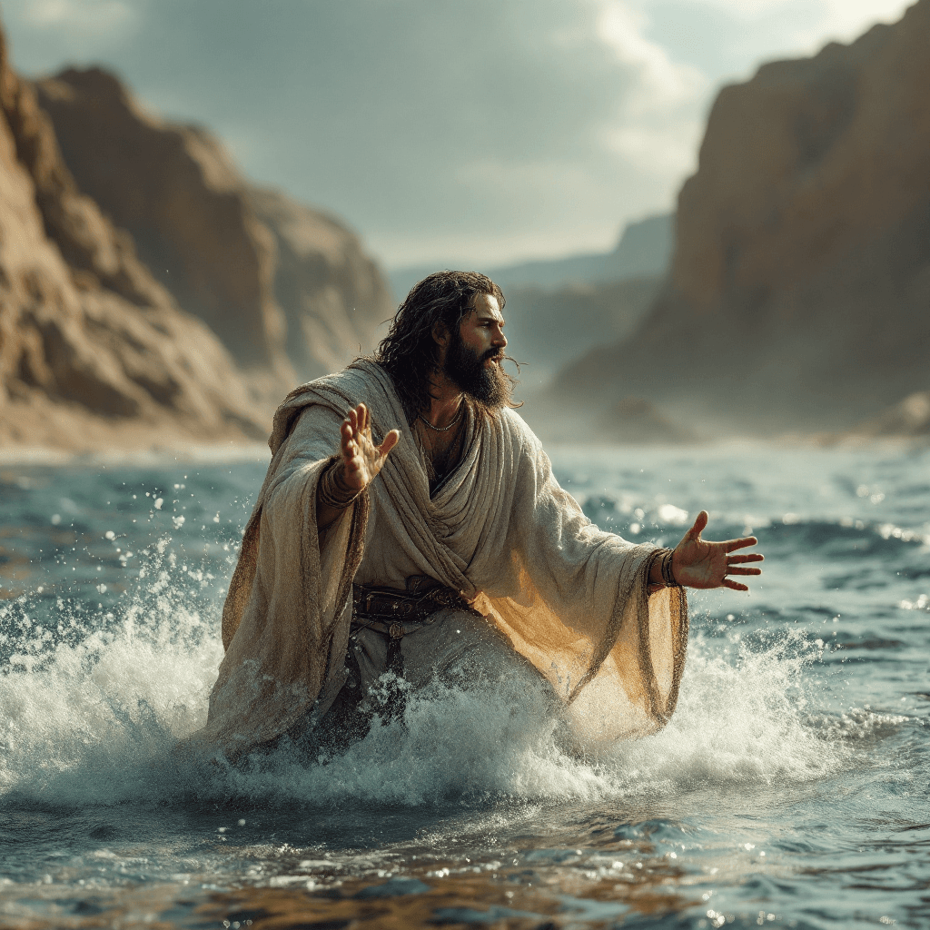 AI generated: Biblical character Moses parting the Dead Sea, cinematic, hyper realism, high detail, octane render,...