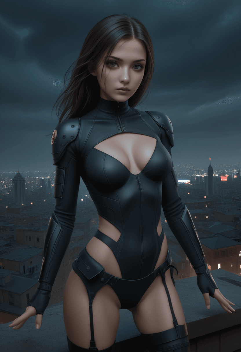 AI generated: texture Digital artwork,concept art,a female ninja,standing on rooftop with a dark dystopian city in...