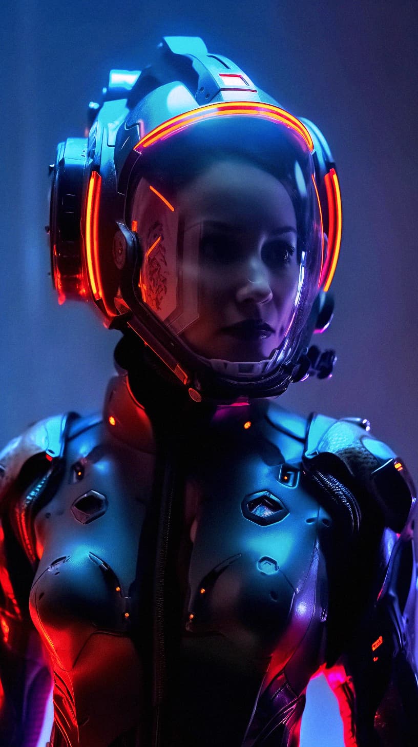 AI generated: A female in a space suit, neon light reflection, reflection mapping, ultra high details, cinematic l...