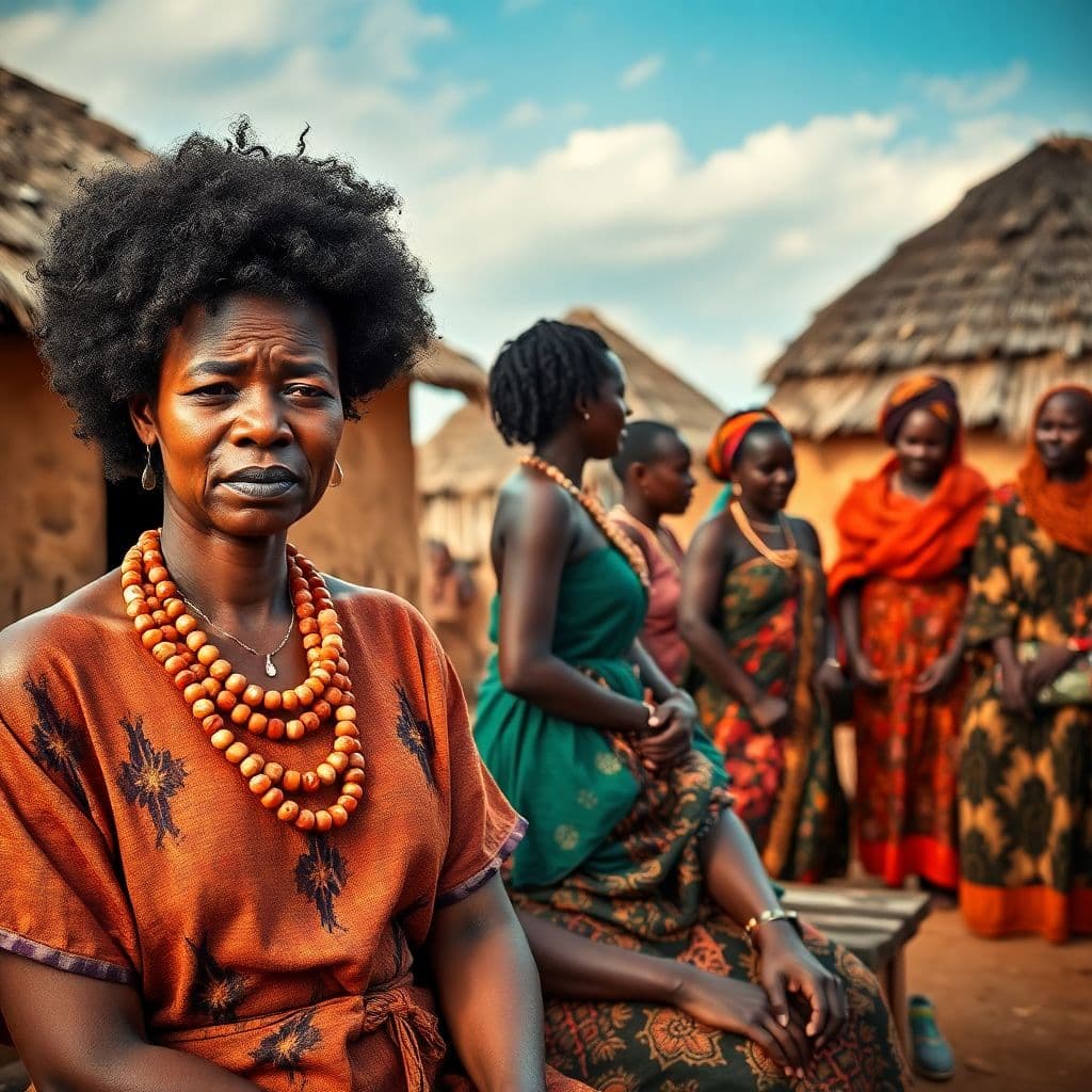 AI generated: A traditional African village scene showing a a sad lady with tear dropping on her face. African wom...