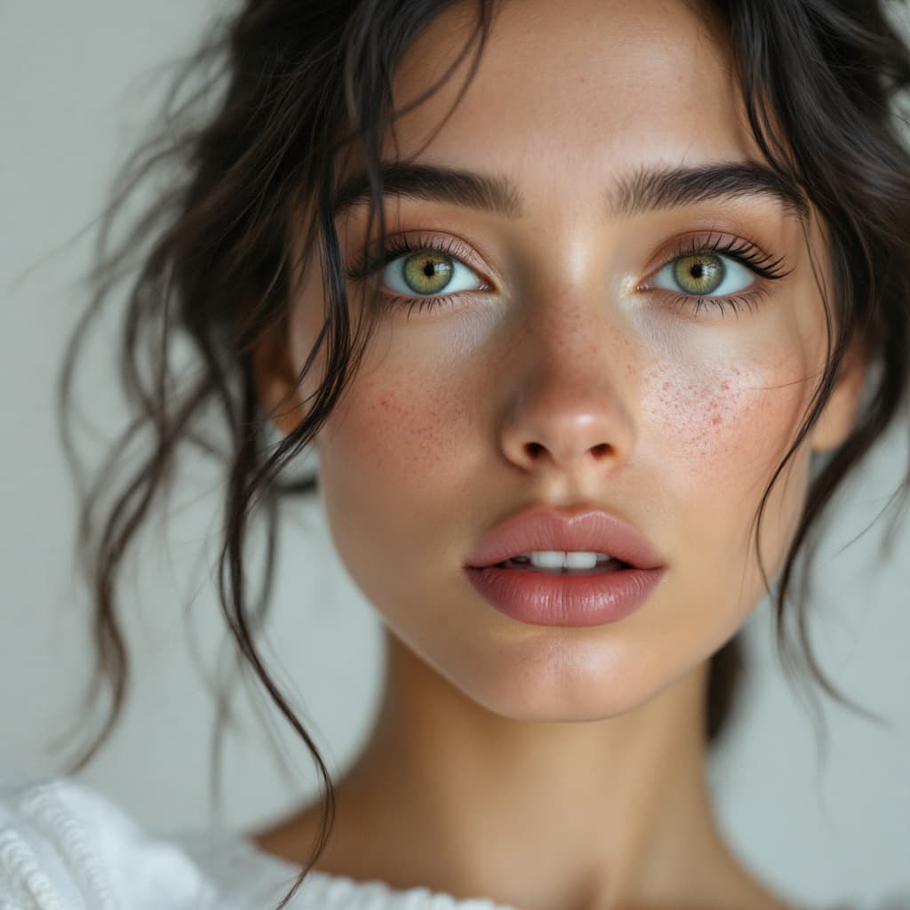 AI generated: Close-up portrait of a woman with green eyes, light freckles, and dark hair styled in loose tendrils...