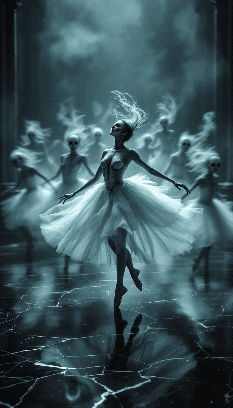AI generated: A surreal gothic ballet scene, set on a cracked obsidian stage under stormy cathedral light. Replace...