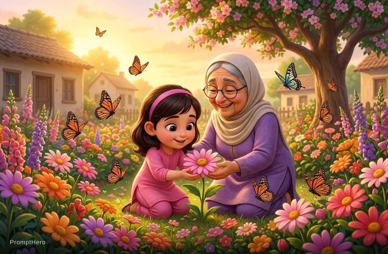 AI generated: A cute little girl and her grandmother caring for a flower garden together, smooth transition, flowe...