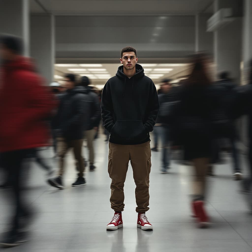 AI generated: editorial photography, front shot, capturing urban hustle with a single focused male model, standing...