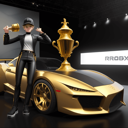 AI generated: Roblox avatar is holding a golden trophy while posing / sitting on top of the sports cars hood that'...