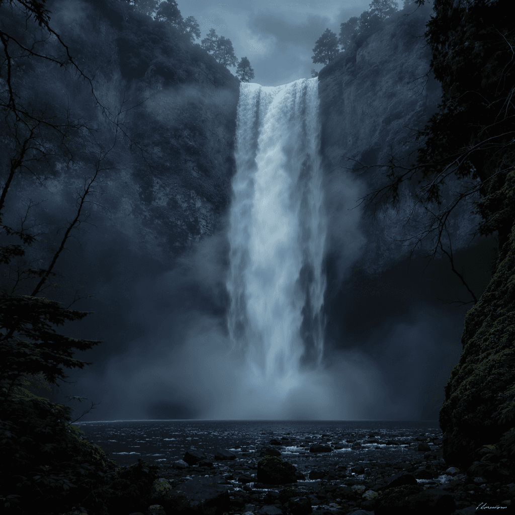 AI generated: Cinematic shot of a tall waterfall hidden deep in the forest, mist rising from crashing water, mossy...