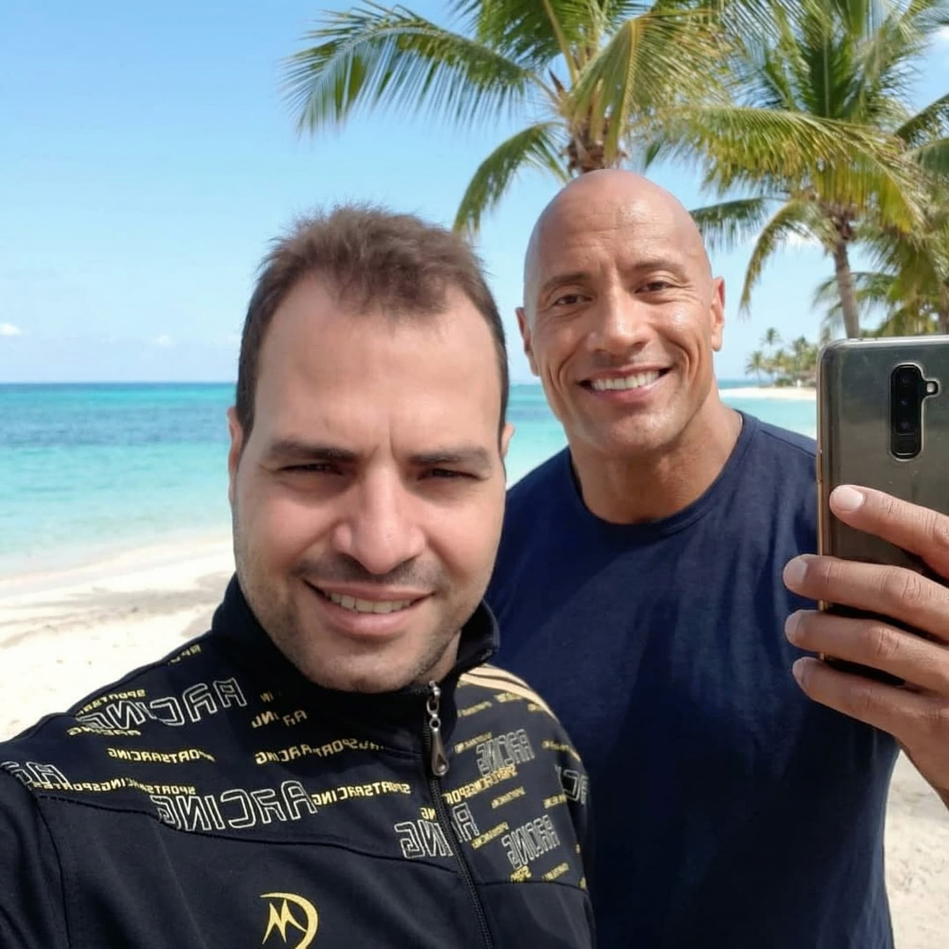 AI generated: with Dwayne Johnson at a tropical beach, sunny day, both smiling