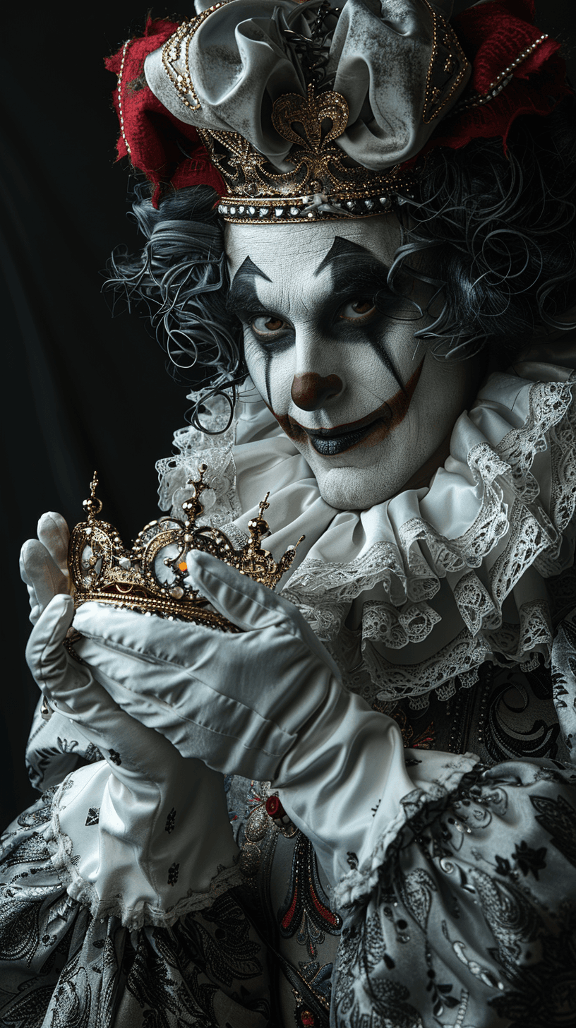 AI generated: A photograph of an elegant jester holding a crown in his hand, against a black background, with text...