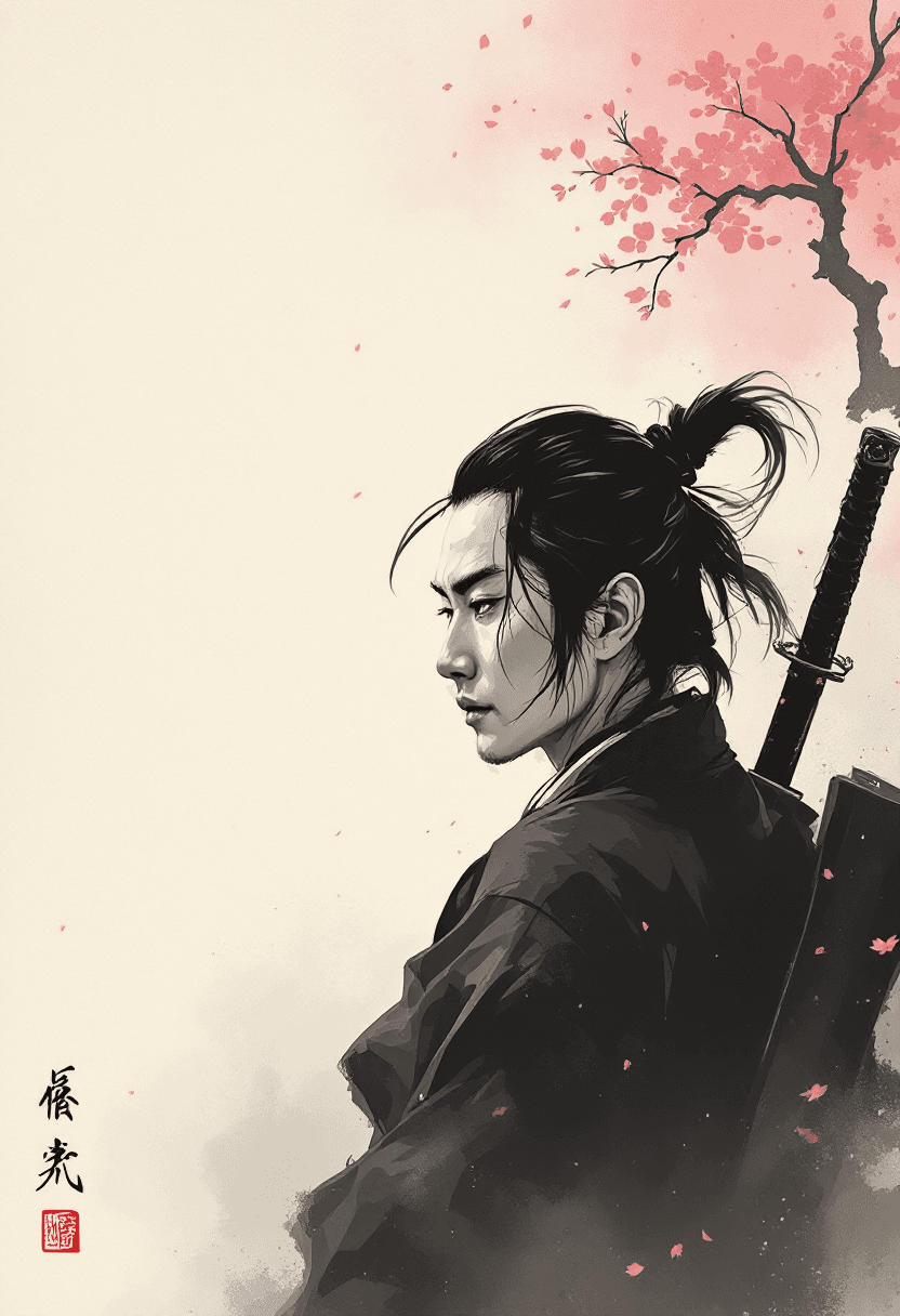 AI generated: A traditional Japanese ink wash (sumi-e) painting of a lone samurai in profile view, facing left. Th...