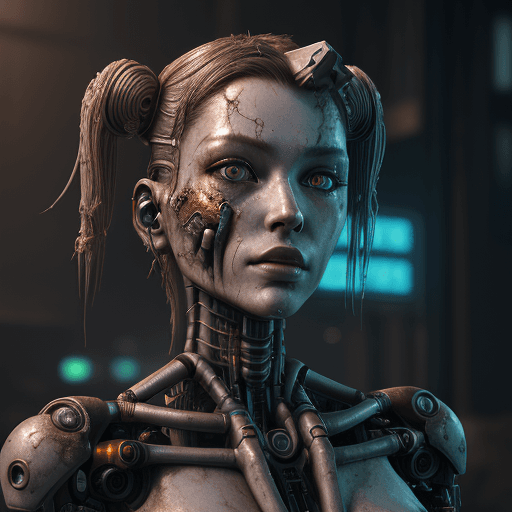 AI generated: A beautiful cyborg lady with dirty and damaged synthetic skin, rusty metal arms, cyberpunk, hyperrea...