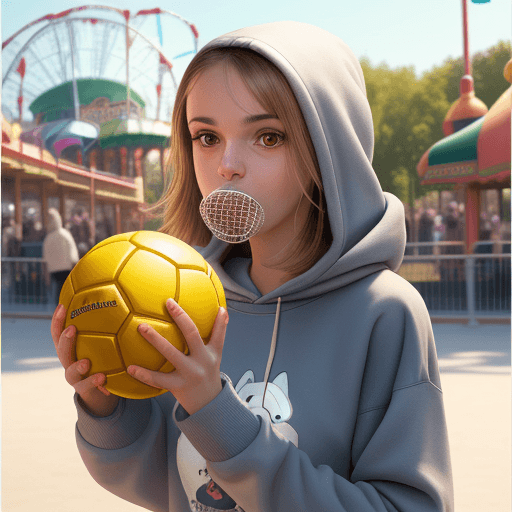AI generated: a dog in a sweatshirt holding a ball in its mouth in an amusement park
