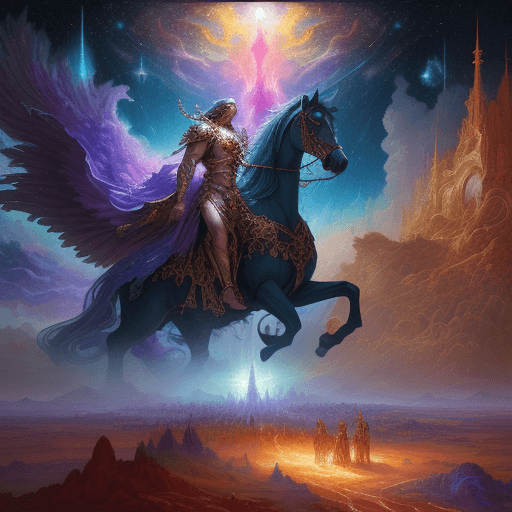 AI generated: Gods arrive on earth, celestial procession, scared locals, landscape, vibrant colors, majestic, beau...