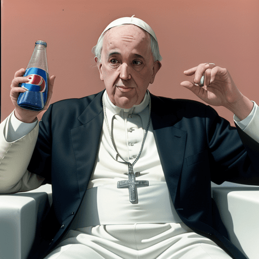 AI generated: Pope Francis in 80s Miami Style with a bottle of pepsi in hand --ar 9:16