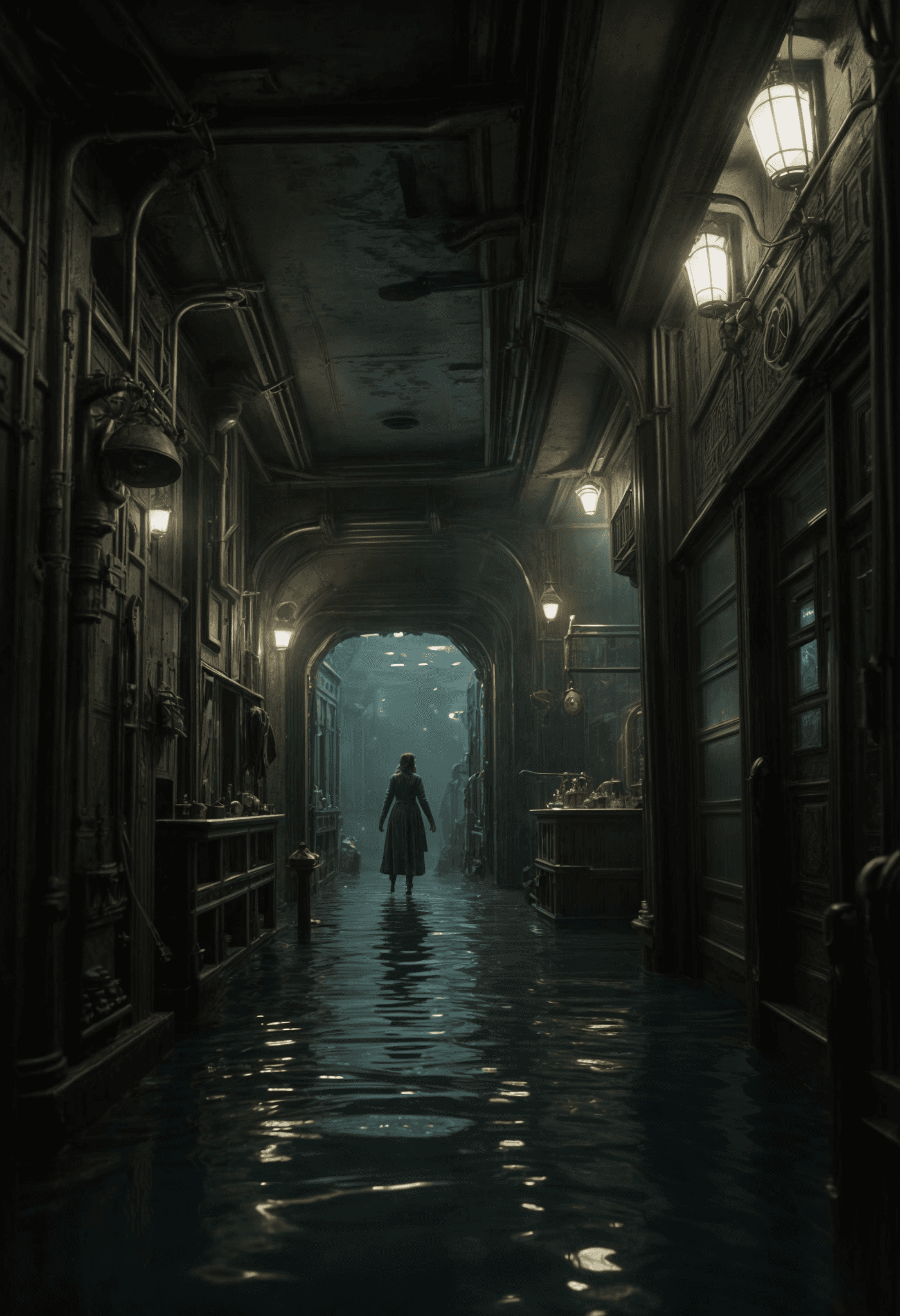 AI generated: art deco, 1950 th style, bioshock , ,mystique,underwater station,rapture city,different epic scenes