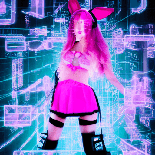 AI generated: The pink bunny girl in the cyber world is a cyberpunk (full body photo), with beautiful long hair, w...