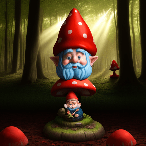 AI generated: Small gnome sitting on a big red mushroom in colourful forrest, sun beams shining through the trees,...