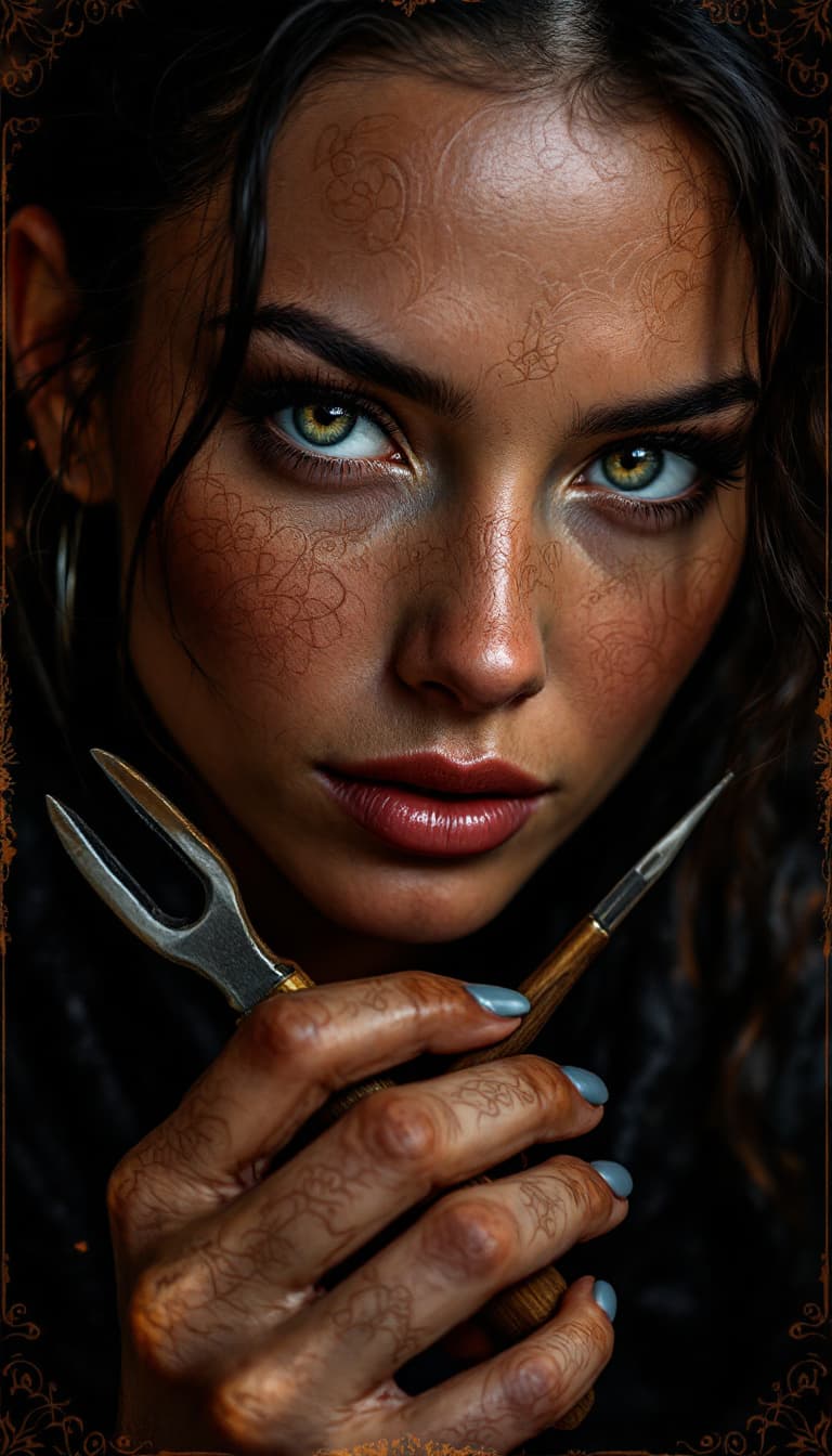 AI generated: Leather Tooling Art, Embossed Designs, Detailed Patterns, Textured, Woman Holding Leather Tools Shap...