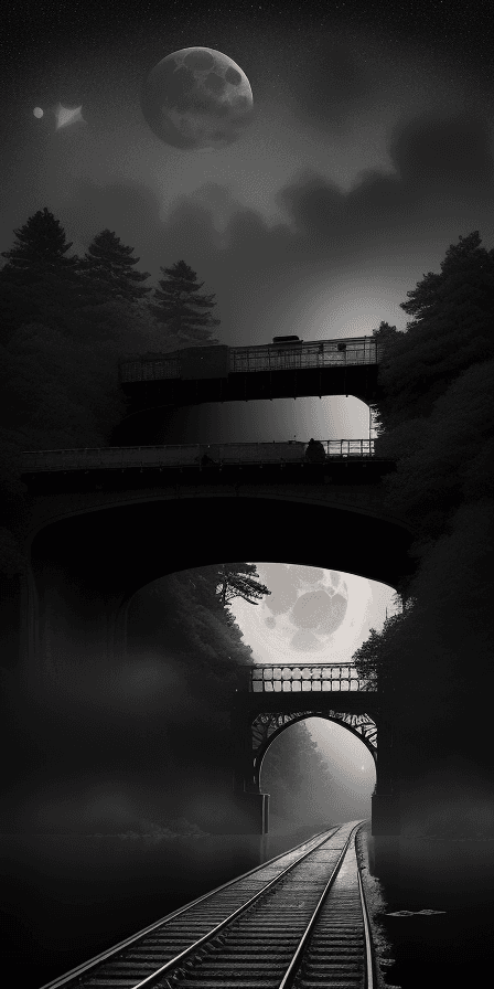 AI generated: An old 1930s steam train travelling rightward, crossing a bridge over water far away in the distance...