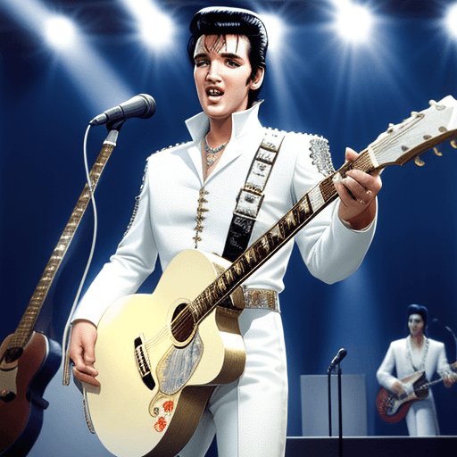 AI generated: Elvis Presley vestido blanco con muchas joyas y su guitarra en las vegas 
